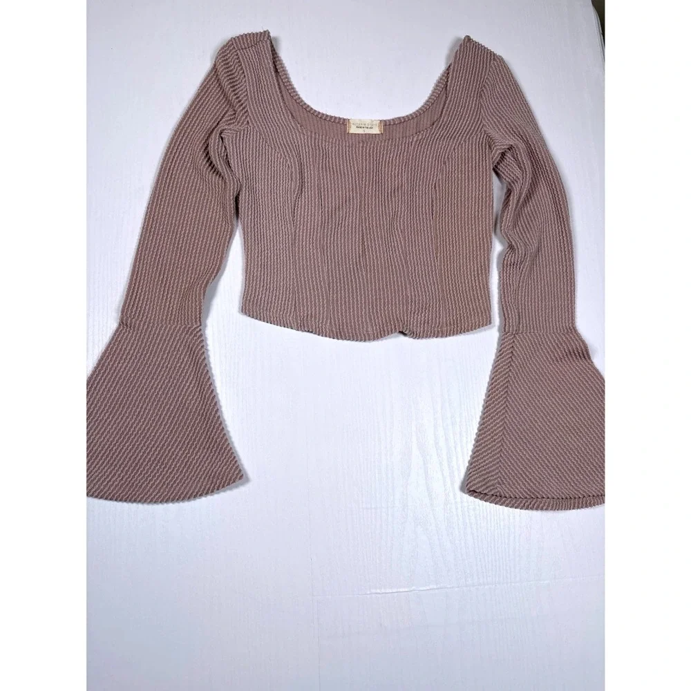 Altar'd State Alina Mauve Ribbed Bell Sleeve Square Neck Crop Top Festival Boho